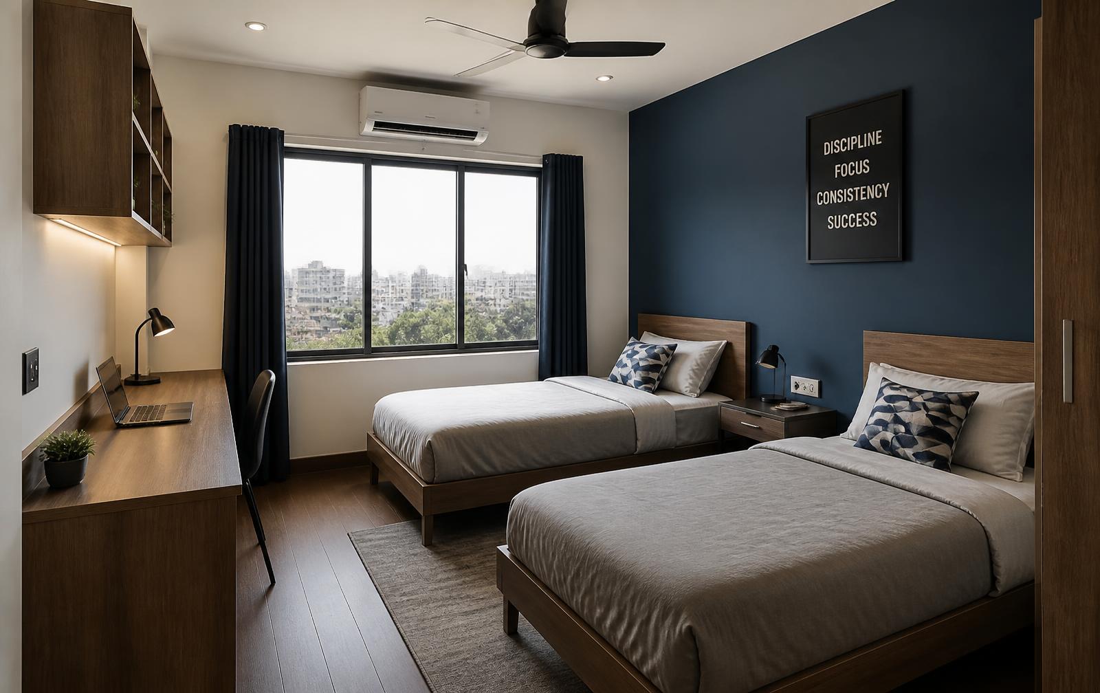 Tidy twin-bed room at JS Men's PG Hostel, a men's PG in Ambattur, Chennai